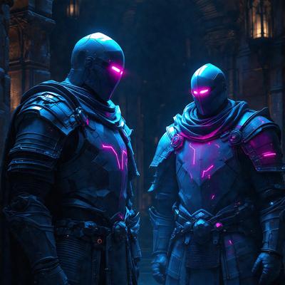 The primary subject of the image is a pair of robotic characters, possibly cyborgs or futuristic warriors, standing next to each other. They are wearing purple and pink armor, which adds a unique and vibrant touch to the scene. The setting appears to be a dark, possibly futuristic or fantasy-inspired environment, with the characters standing in front of a doorway. The visual style of the image is a combination of photo and digital art, creating a striking and detailed representation of